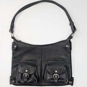 Y2K Leather zippered shoulder bag W 2 Buckled Pockets on outside. 14x10
